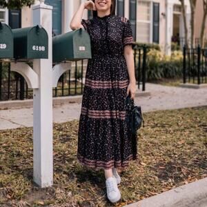 Free People Rare Feelings Tiered Floral Midi Maxi Dress Black Combo Size XS